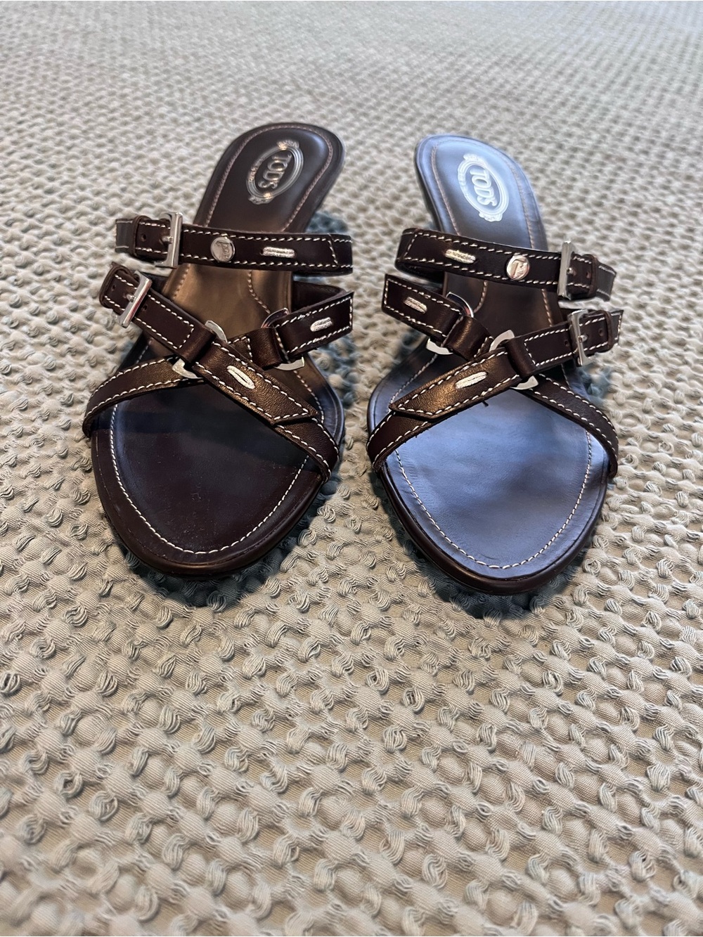 TOD'S Dark Brown Leather Buckle-Strap Slide Sandals